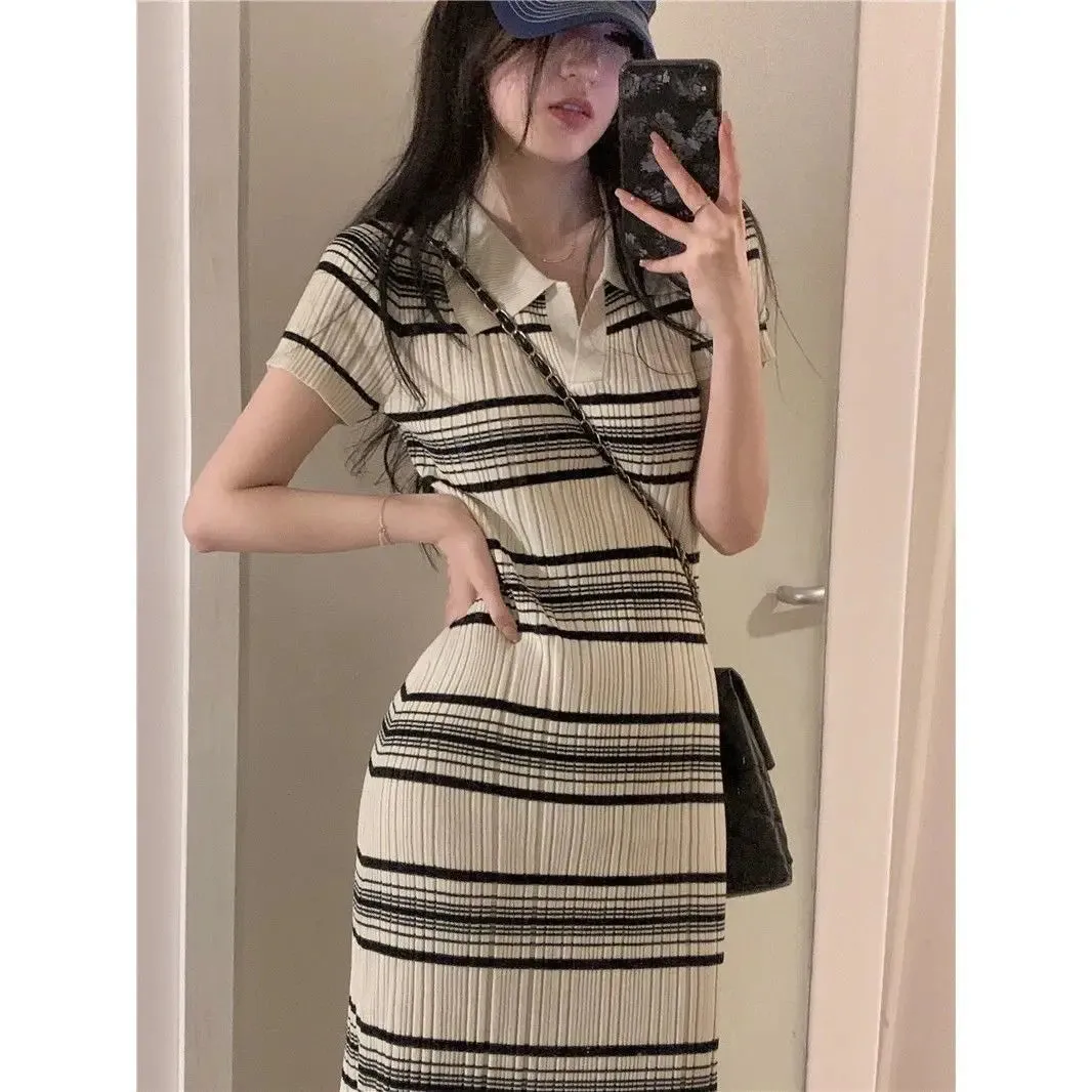 2024 Women's Knitted Striped POLO Collar Dress | Slimming Corset-Inspired Design | Contrasting Colors Summer Fashion