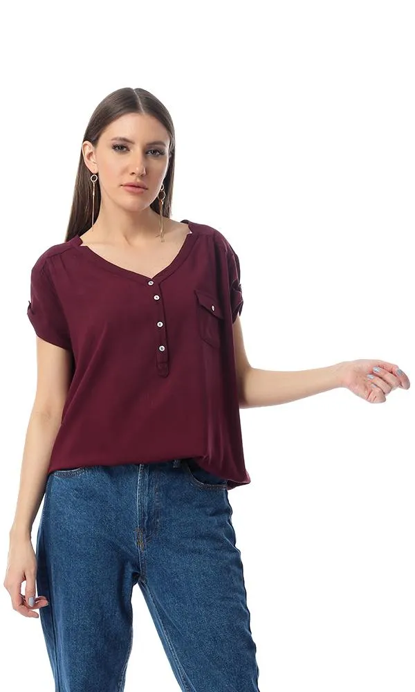 54415 Front Buttoned Pocket Solid Maroon Top With Hem