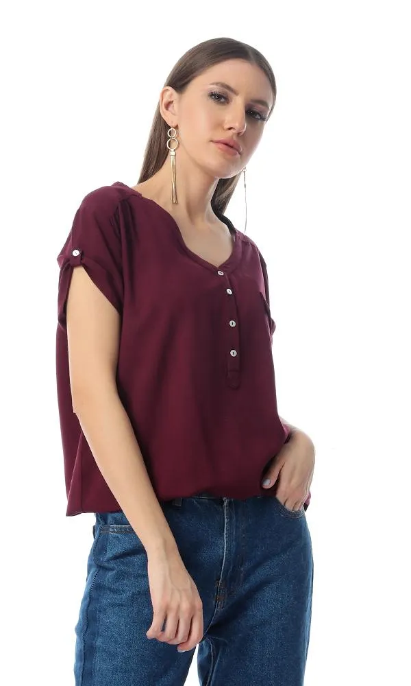 54415 Front Buttoned Pocket Solid Maroon Top With Hem