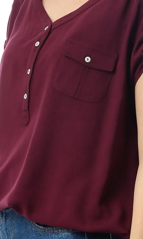 54415 Front Buttoned Pocket Solid Maroon Top With Hem