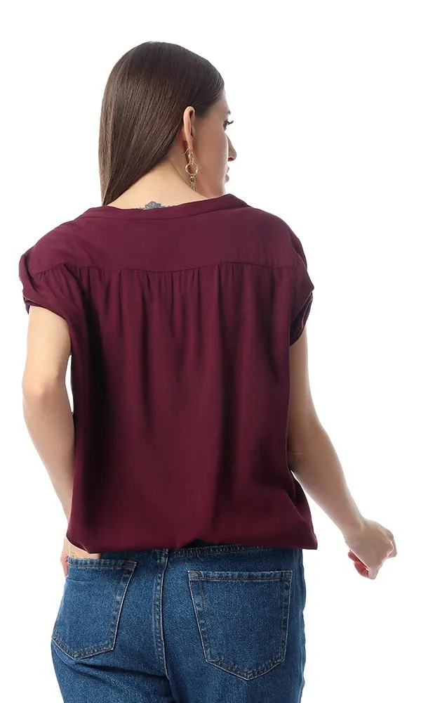 54415 Front Buttoned Pocket Solid Maroon Top With Hem