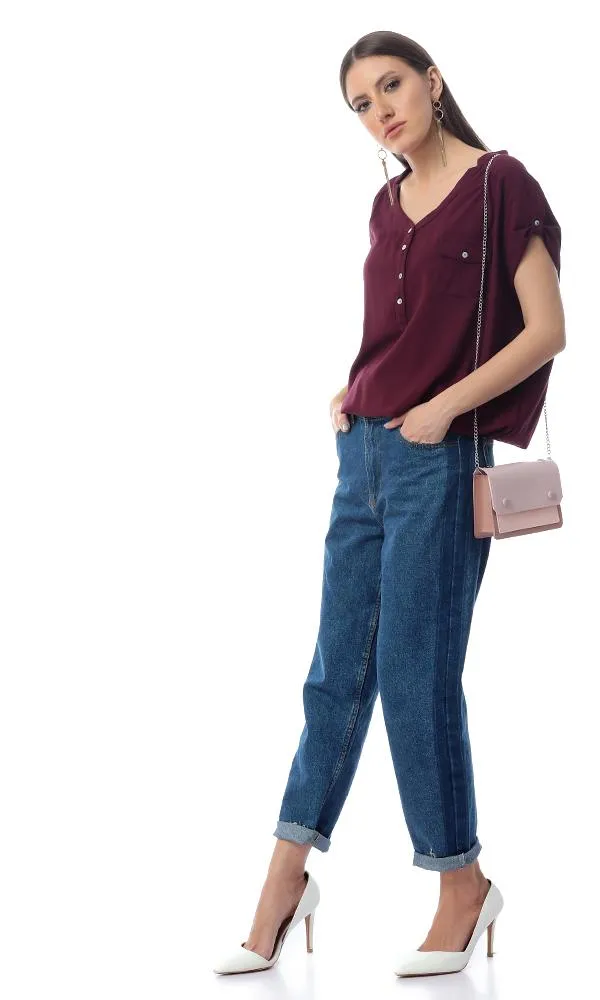 54415 Front Buttoned Pocket Solid Maroon Top With Hem