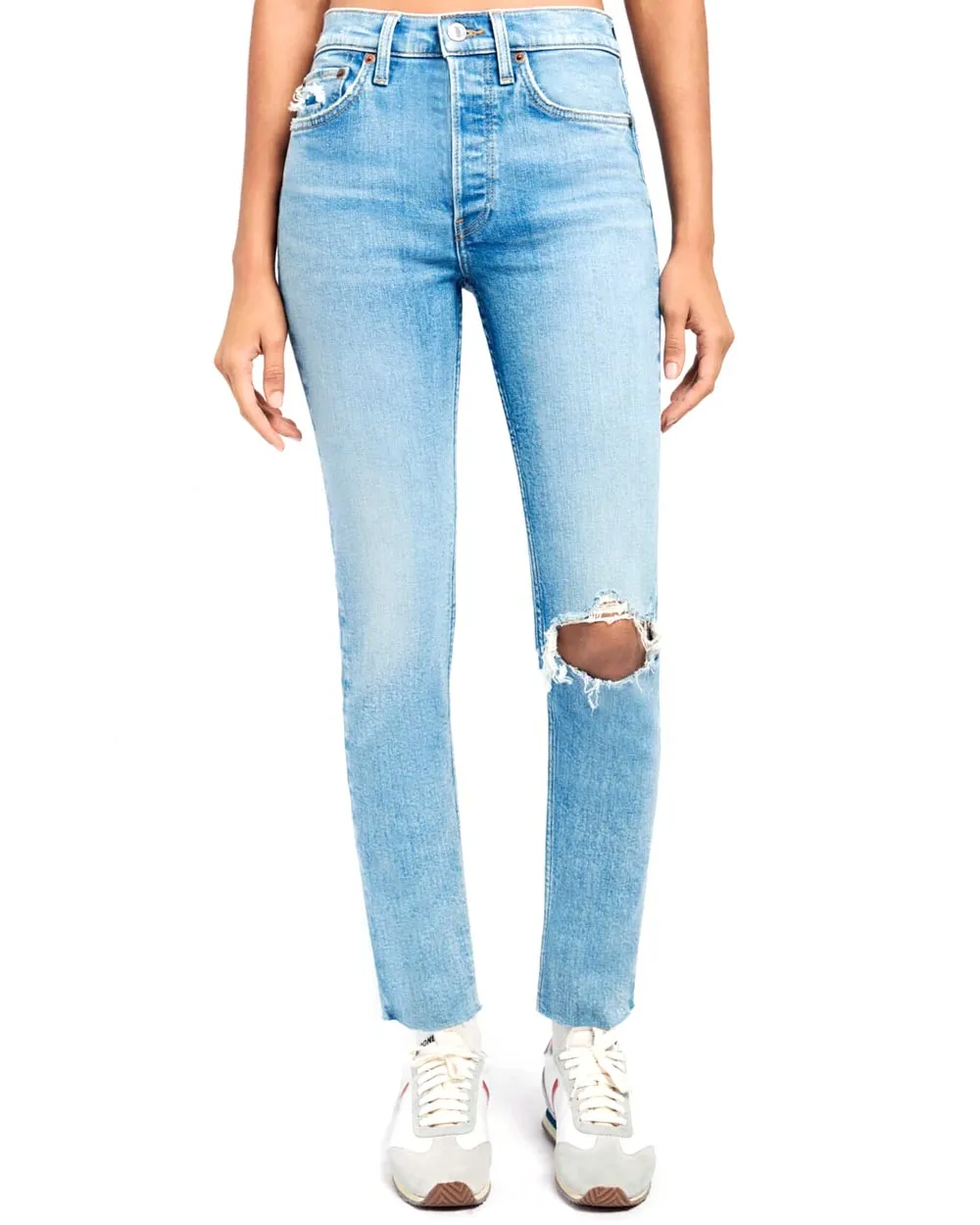 90s High Rise Ankle Crop Jean in Worn Bright Blue