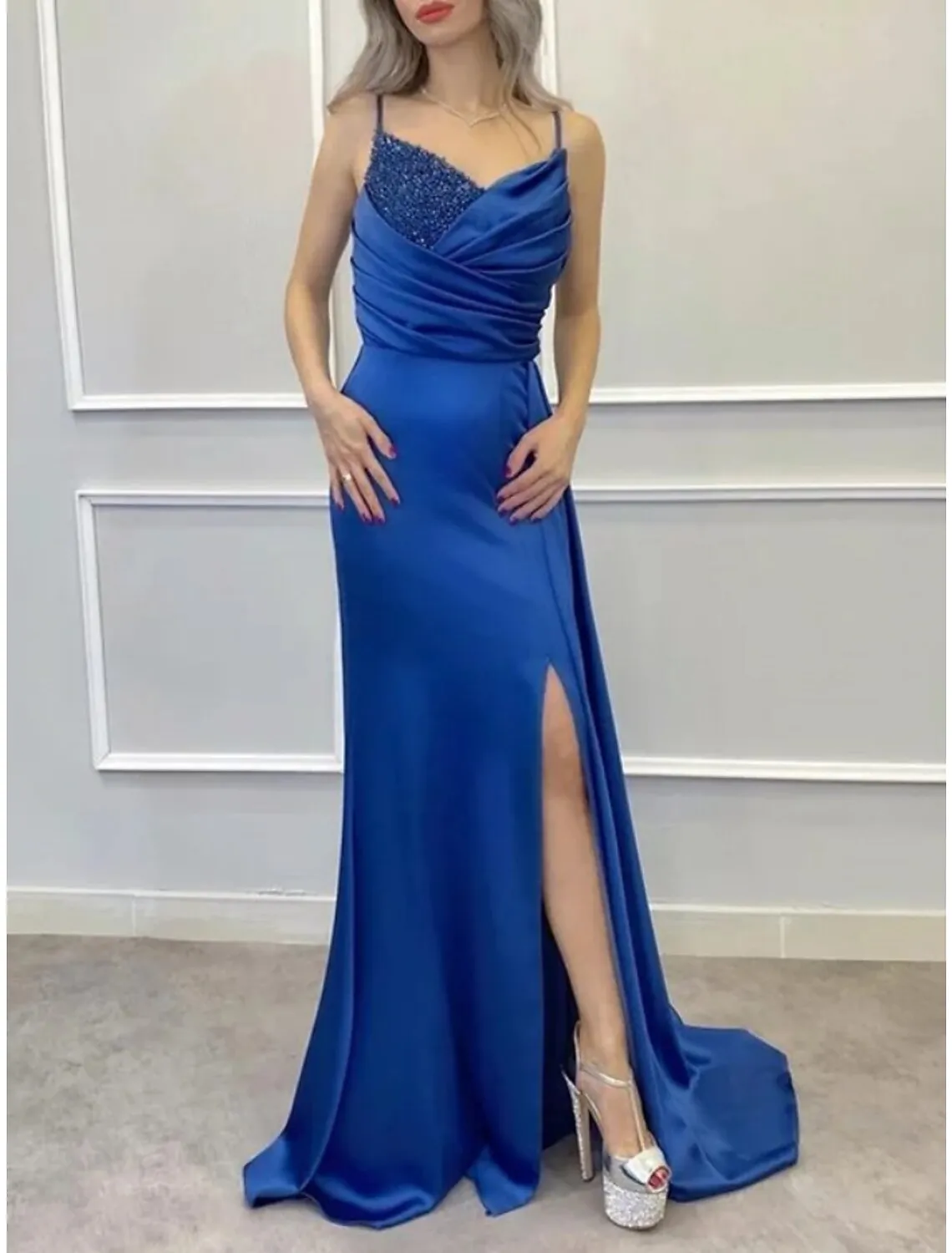 A-Line Evening Gown Elegant Dress Formal Sweep / Brush Train Sleeveless Spaghetti Strap Imitation Silk with Pleats Ruched Sequin