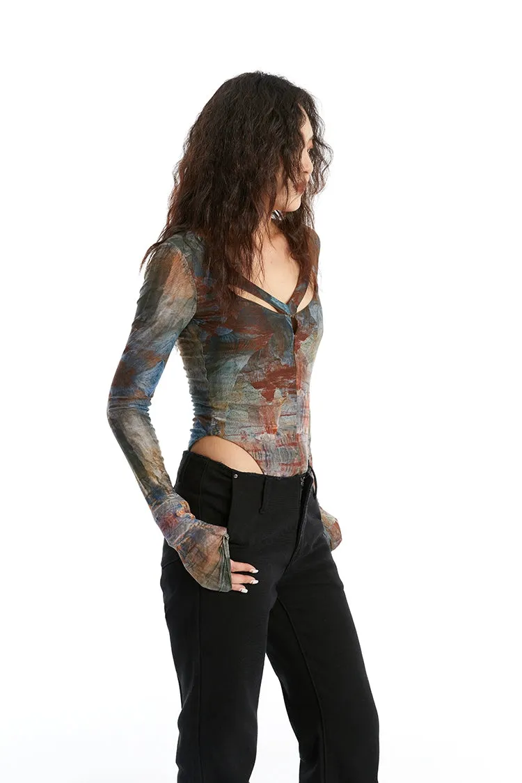 Abstract Print Long Sleeve V-Neck Bodysuit Top