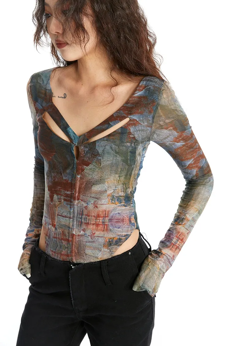 Abstract Print Long Sleeve V-Neck Bodysuit Top