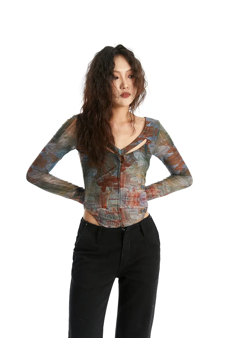 Abstract Print Long Sleeve V-Neck Bodysuit Top