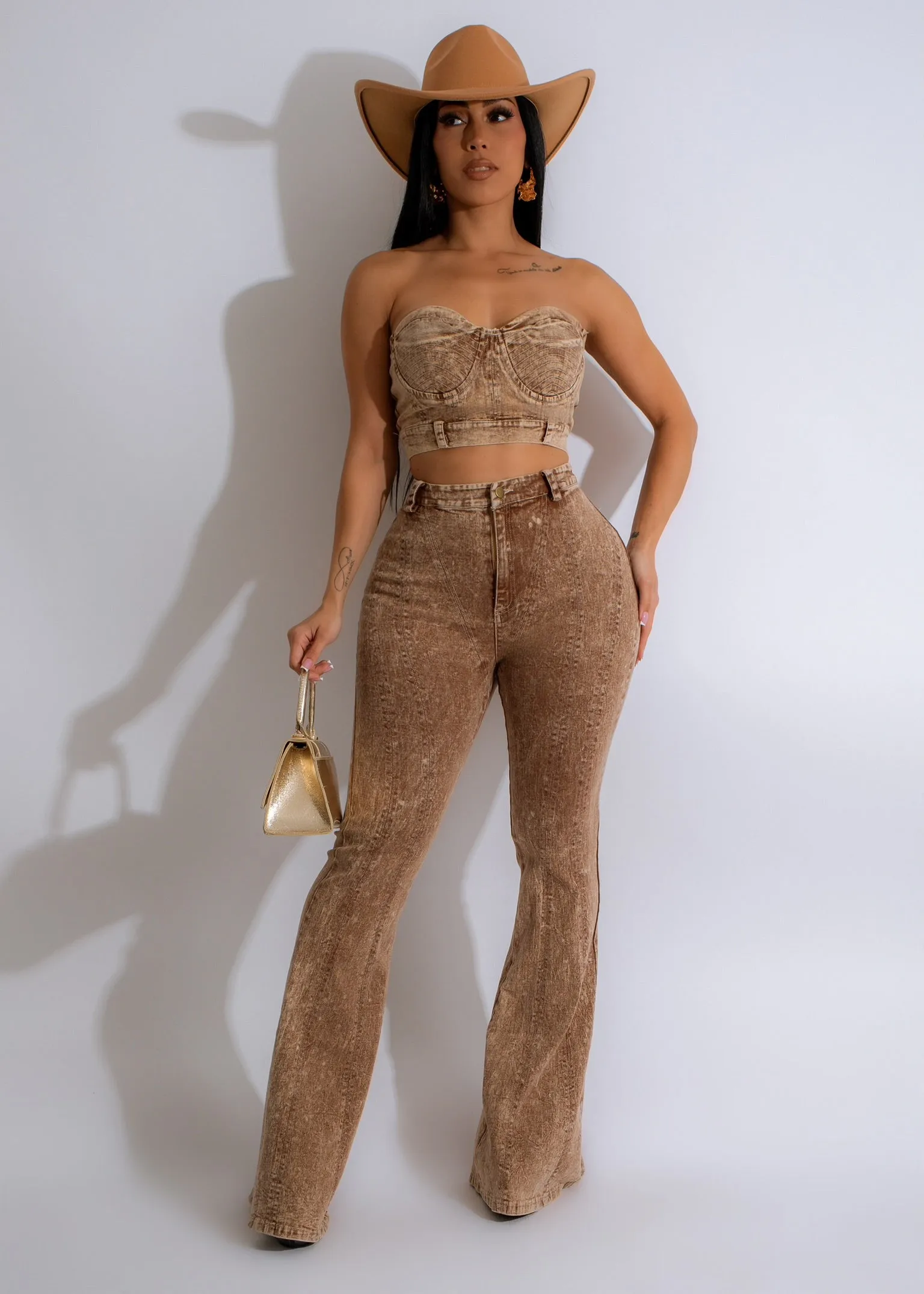 All The Details Denim Pant Set Brown