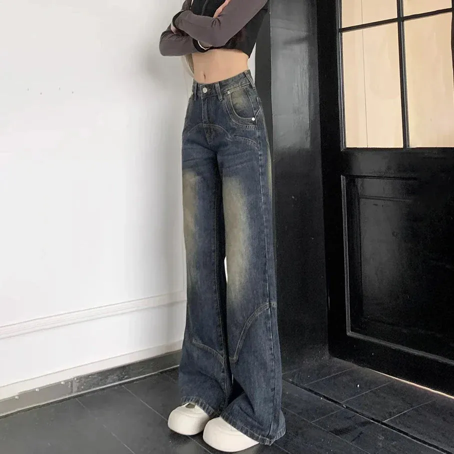 Americanretro Cement Grey Female Autumn Winter New Versatile Thin High-waisted Loose Wide-Legged Jeans