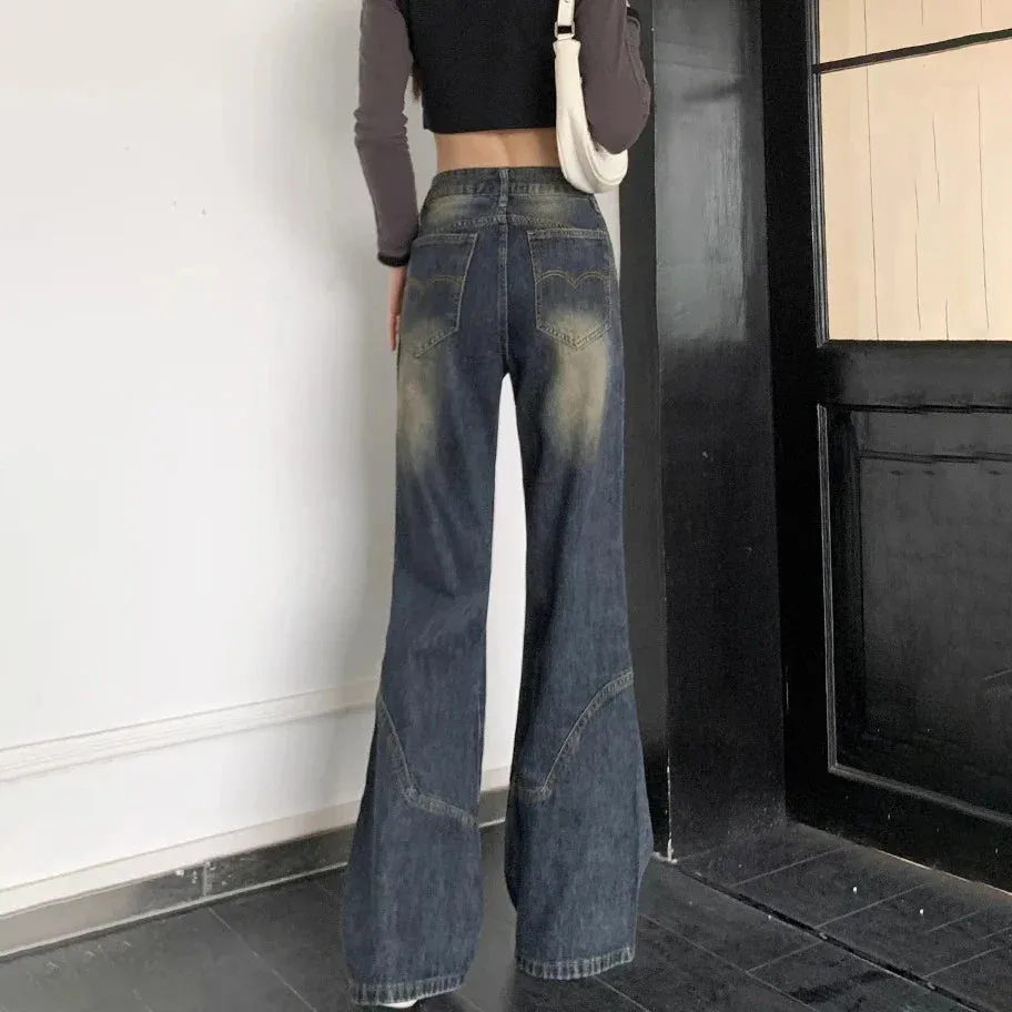 Americanretro Cement Grey Female Autumn Winter New Versatile Thin High-waisted Loose Wide-Legged Jeans