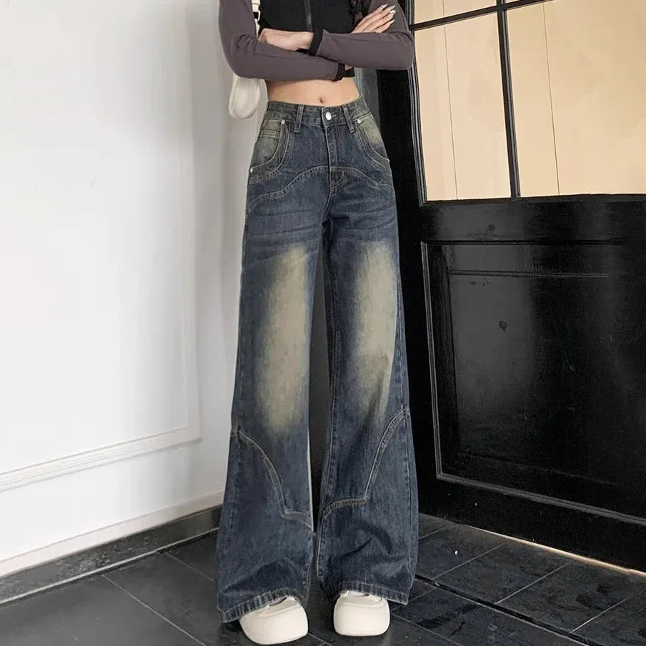 Americanretro Cement Grey Female Autumn Winter New Versatile Thin High-waisted Loose Wide-Legged Jeans