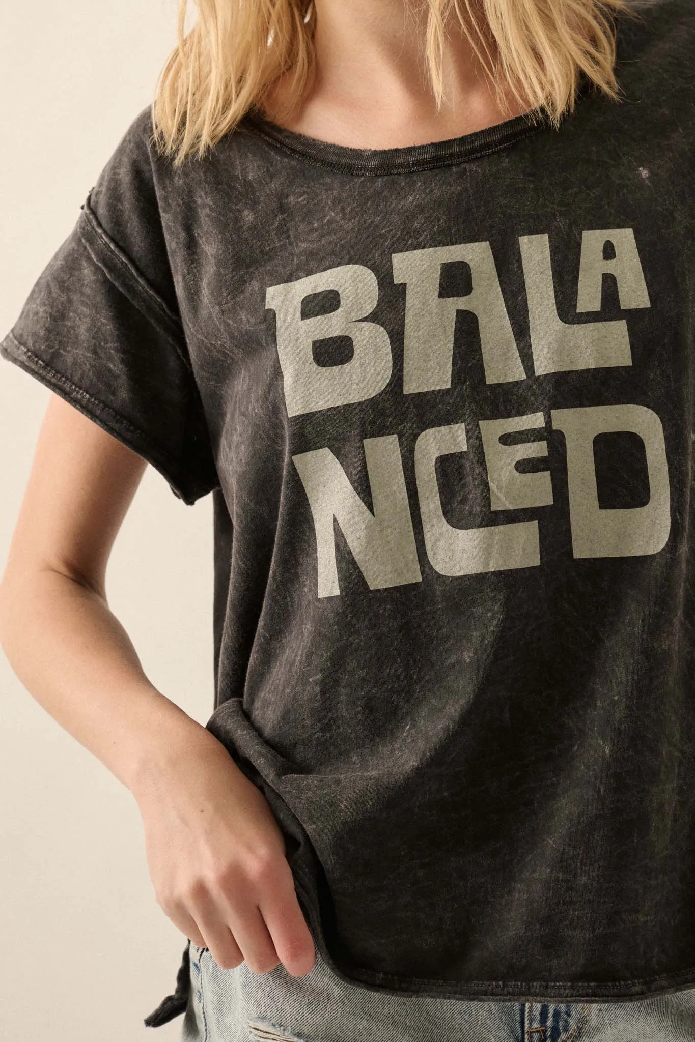 Balanced Vintage-Wash Raw-Edge Graphic Tee