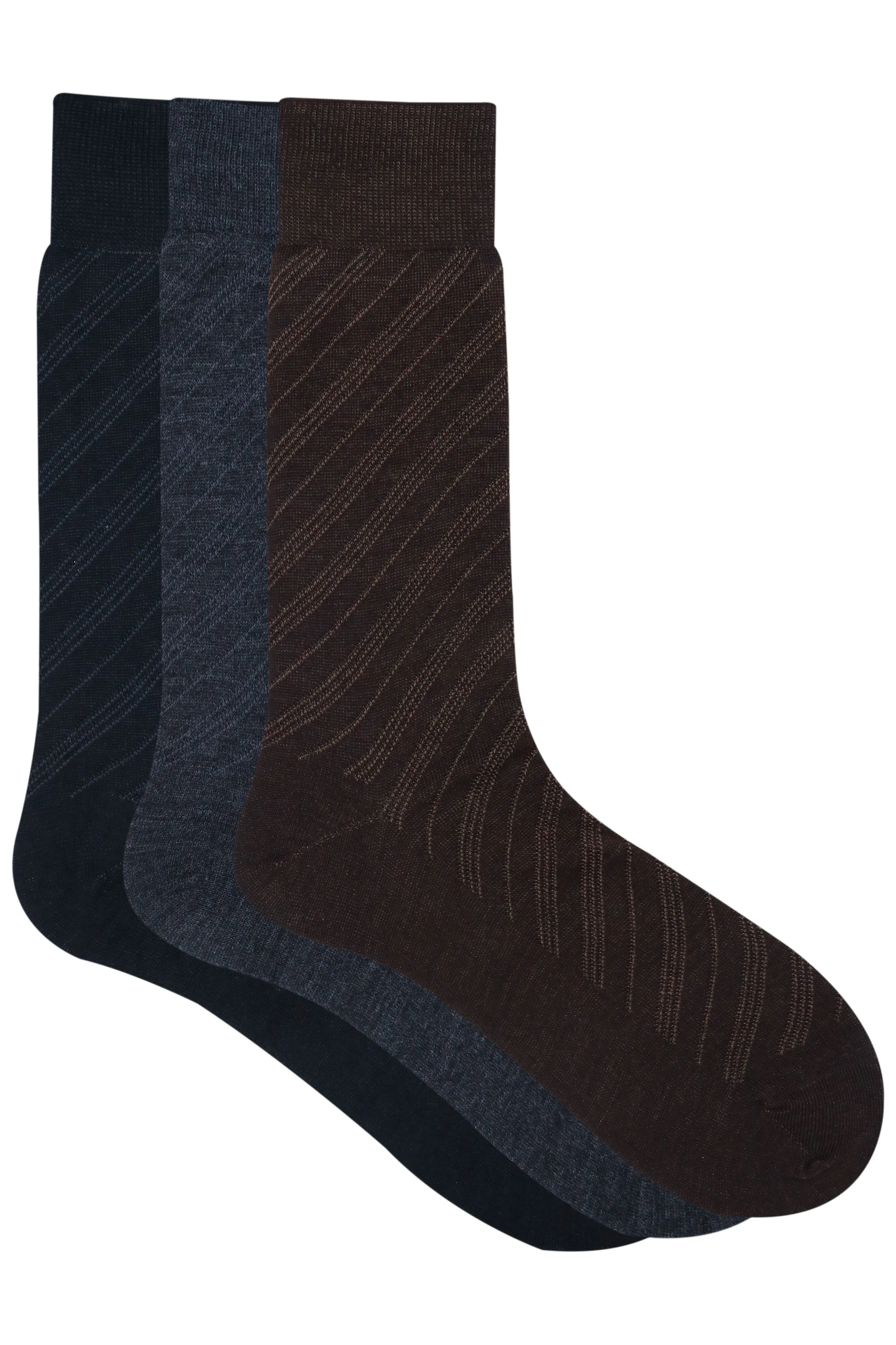 Balenzia Men's Woollen Diagonal Stripes design  Crew Socks -Black,Brown, D.Grey- (Pack of 3 Pairs/1U)