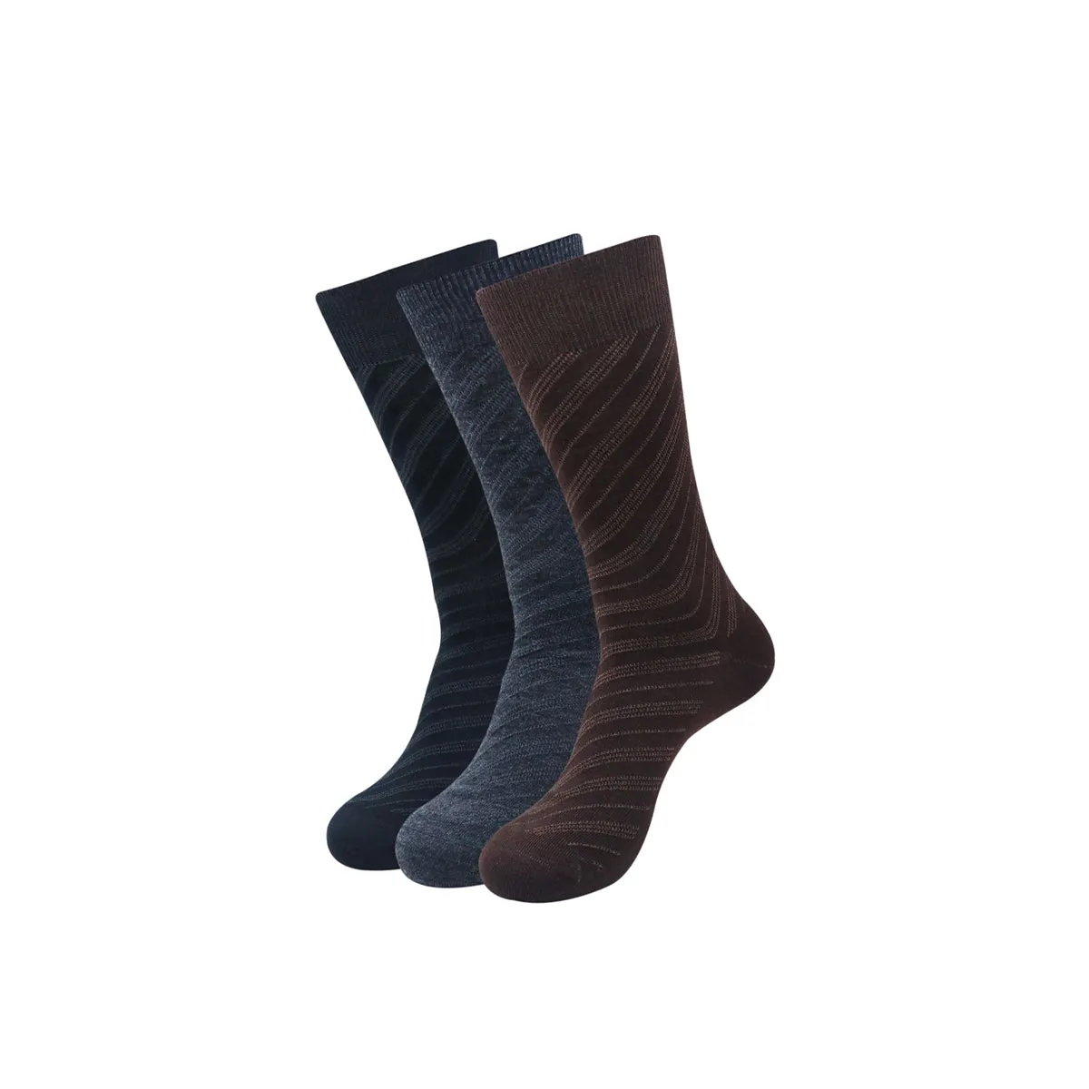 Balenzia Men's Woollen Diagonal Stripes design  Crew Socks -Black,Brown, D.Grey- (Pack of 3 Pairs/1U)