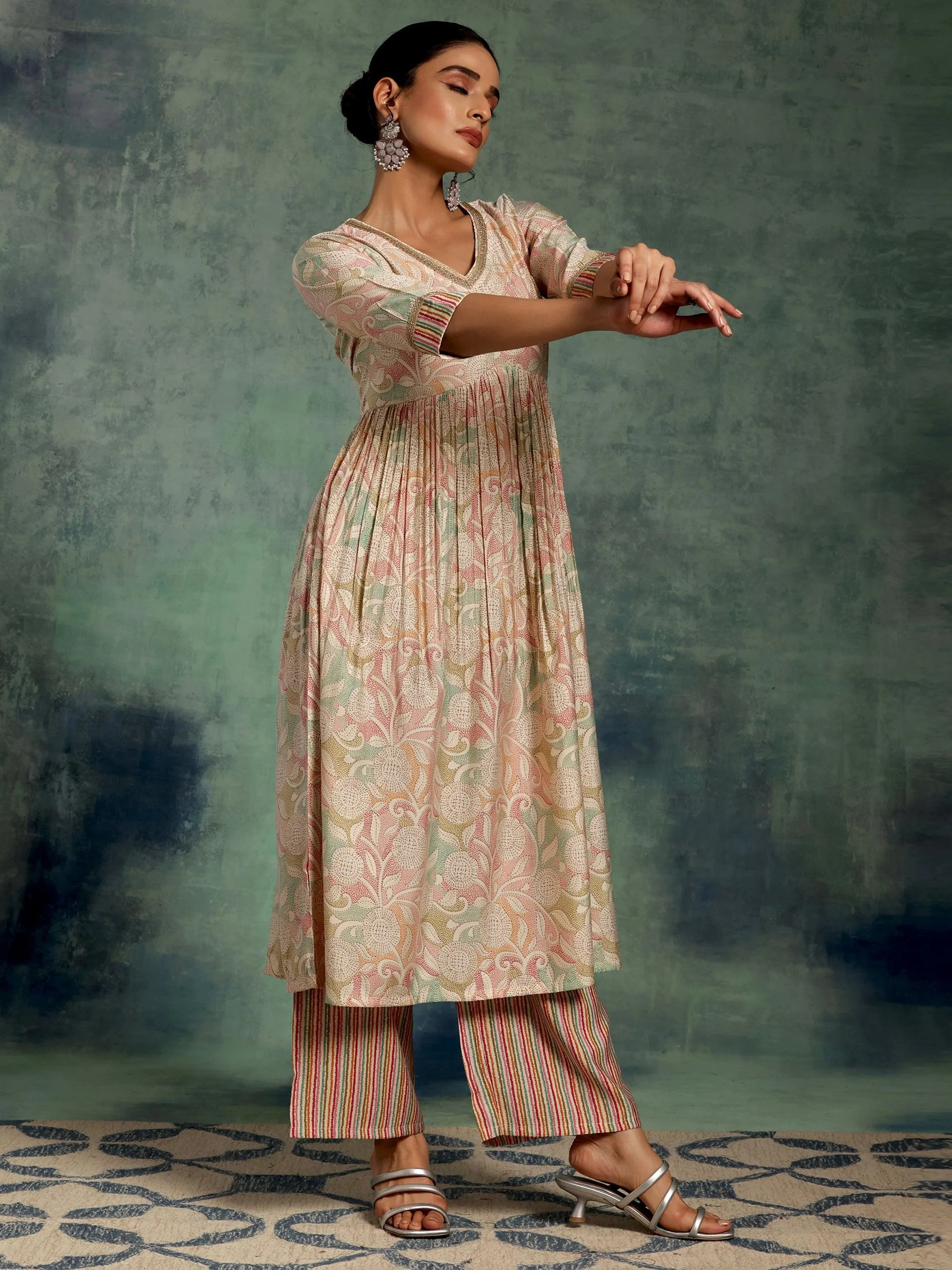 Beige Printed Silk Blend Anarkali Kurta Set