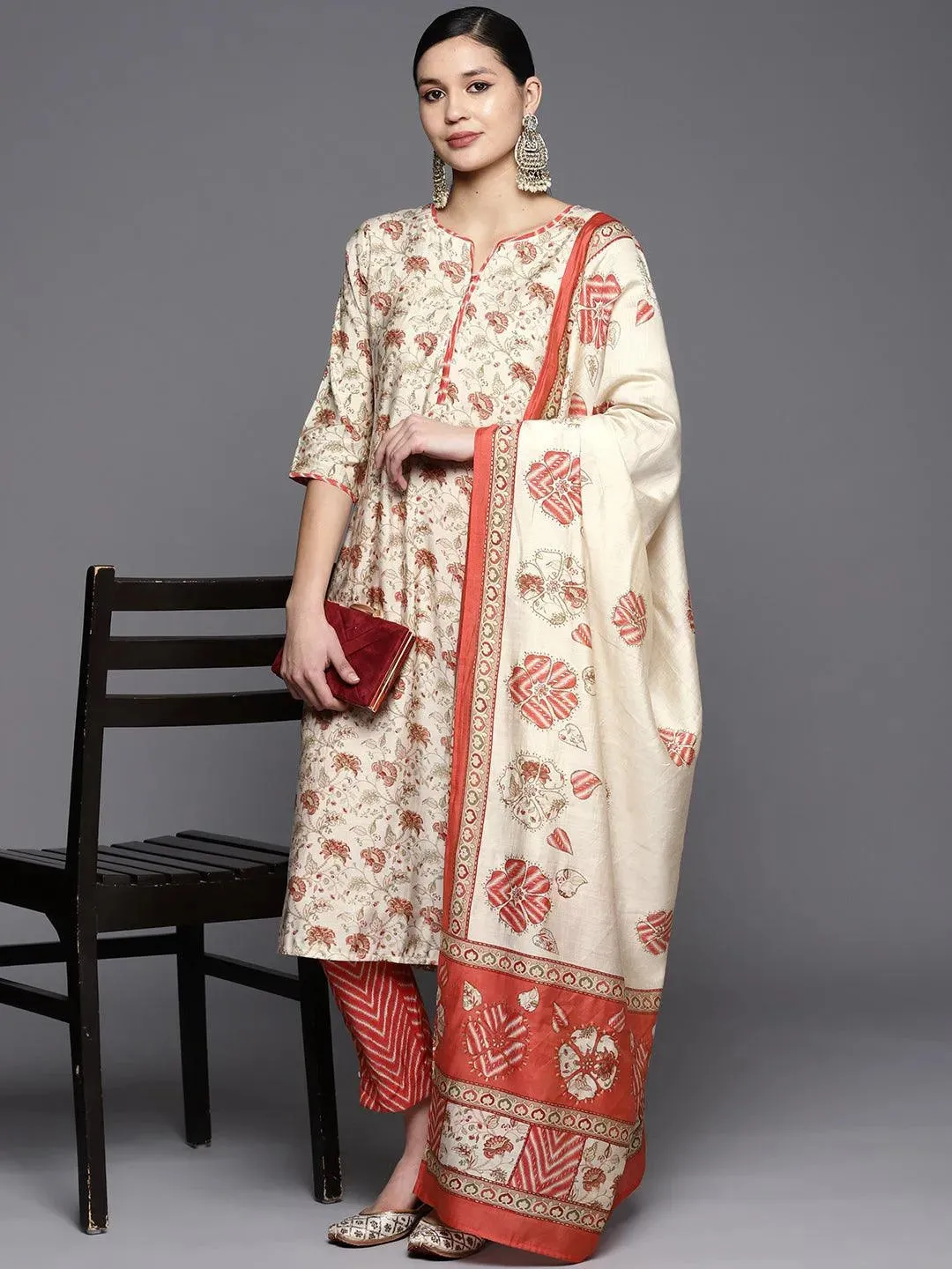 Beige Printed Silk Blend Straight Kurta With Trousers & Dupatta