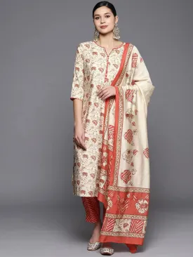 Beige Printed Silk Blend Straight Kurta With Trousers & Dupatta