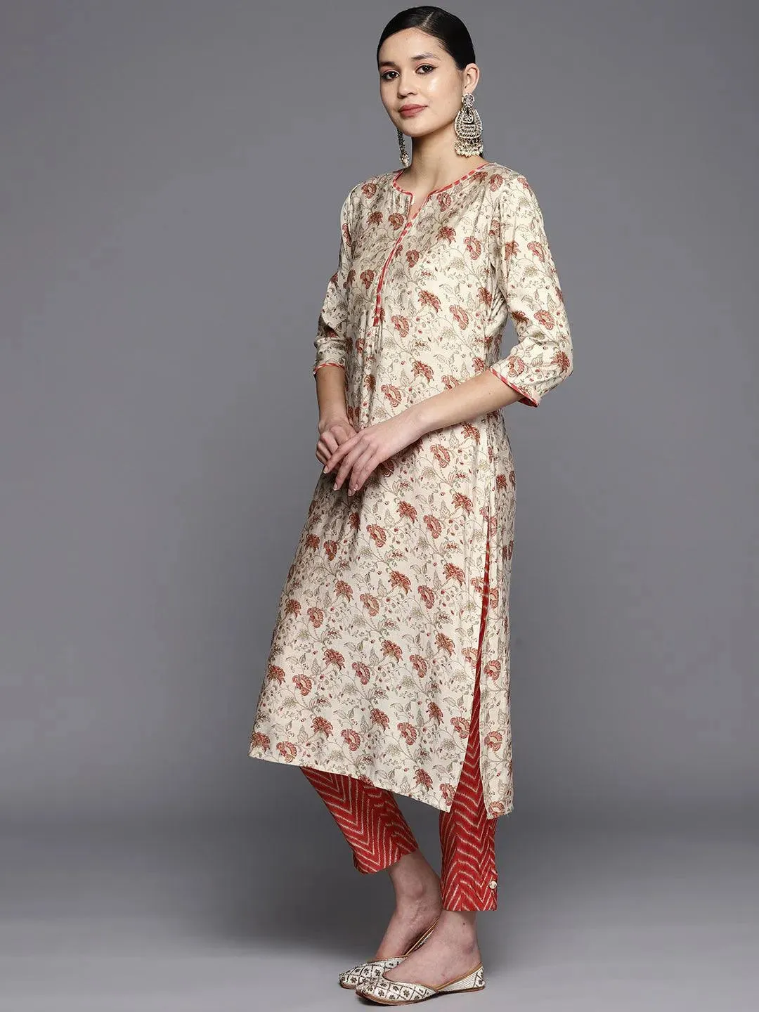 Beige Printed Silk Blend Straight Kurta With Trousers & Dupatta