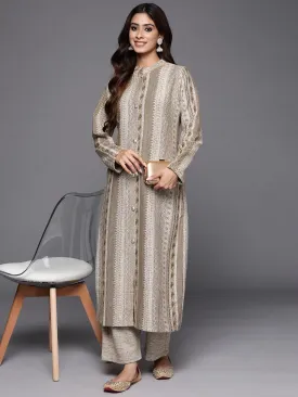 Beige Self Design Wool Blend A-Line Kurta With Trousers