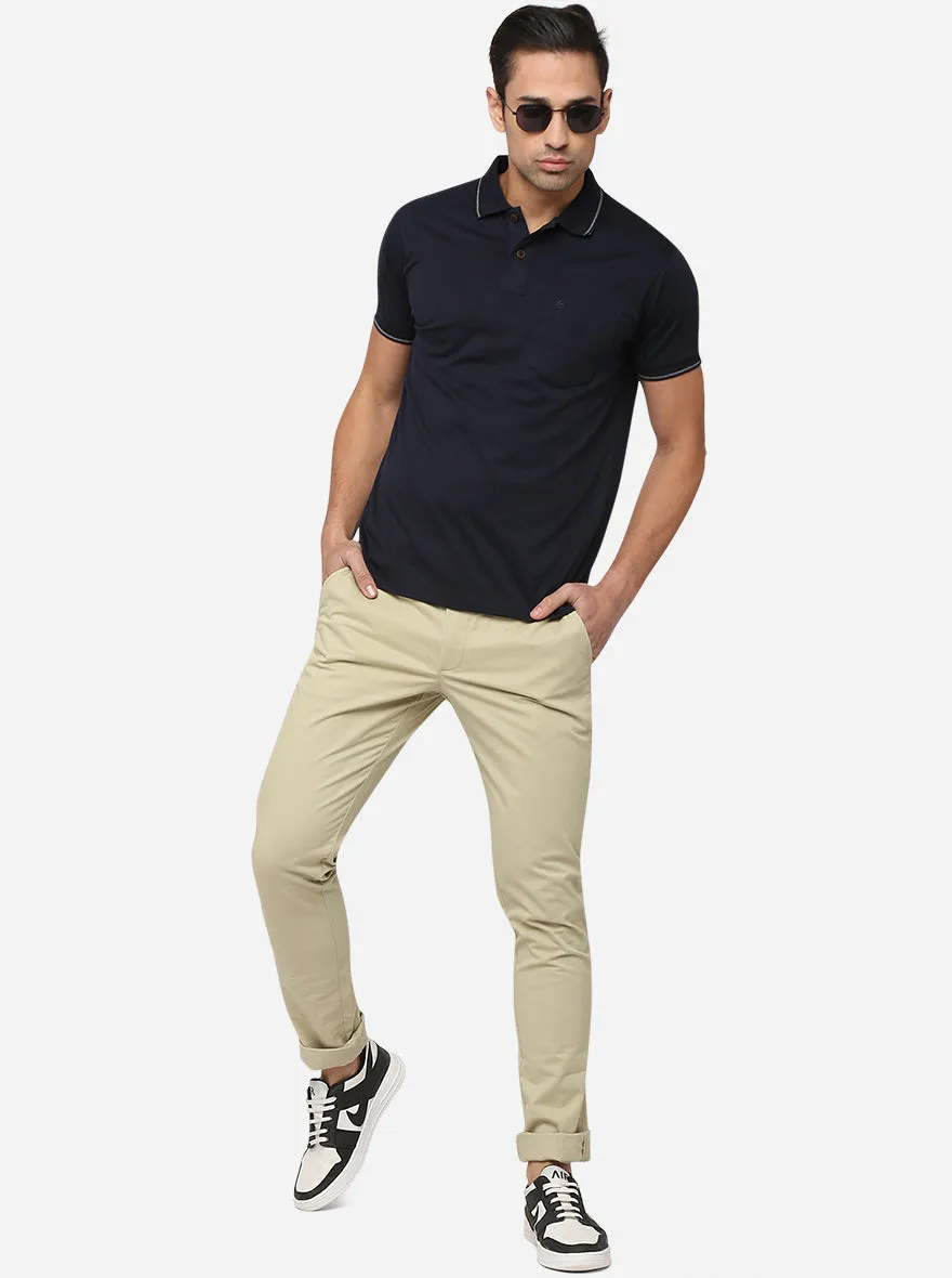 Beige Solid Slim Fit Casual Trouser | JadeBlue