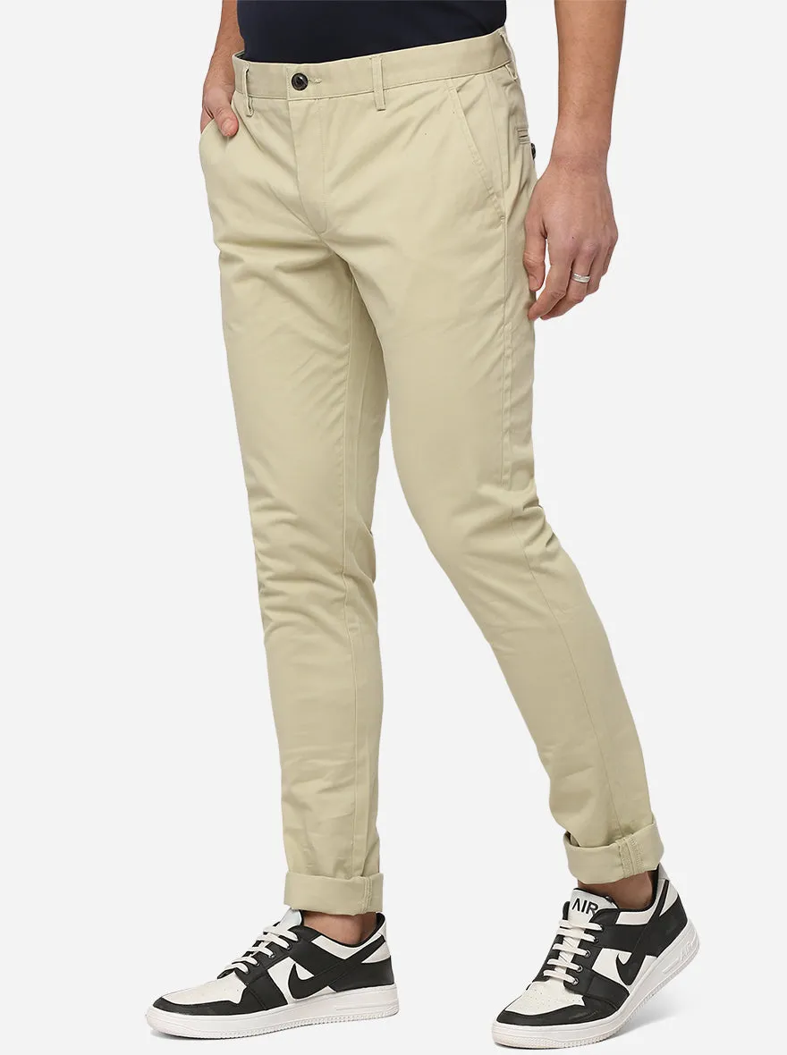 Beige Solid Slim Fit Casual Trouser | JadeBlue