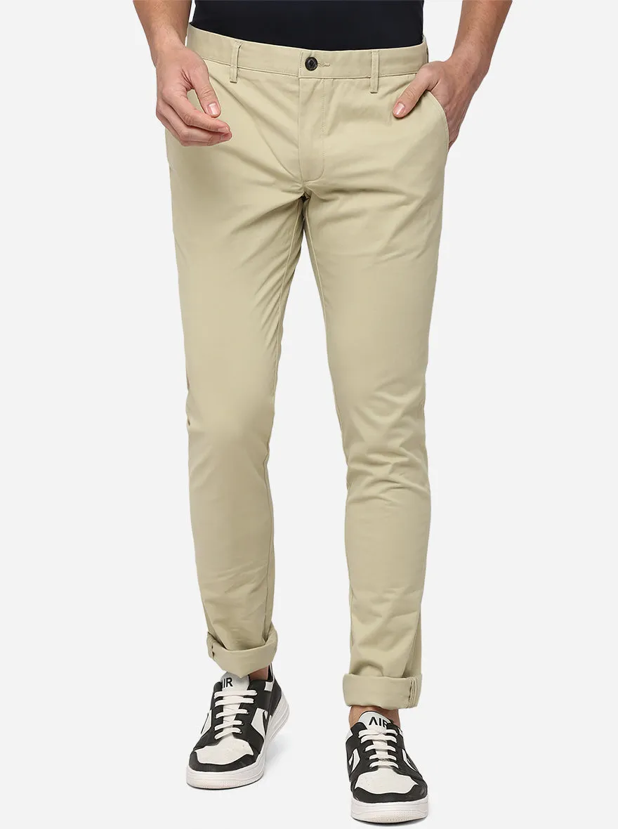 Beige Solid Slim Fit Casual Trouser | JadeBlue