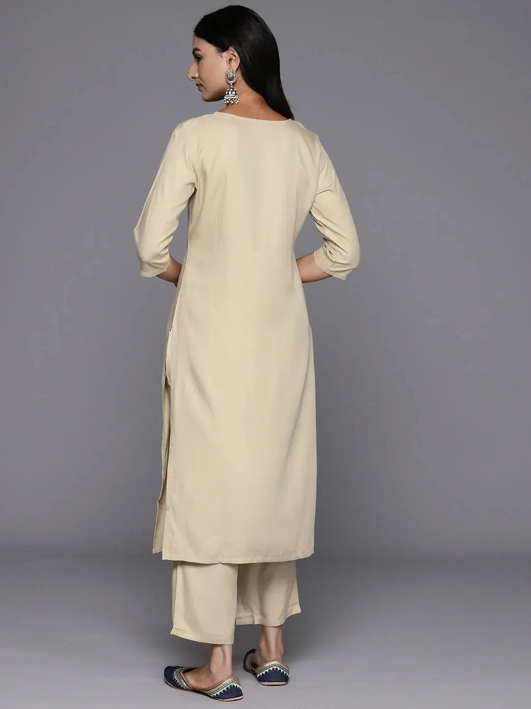 Beige Yoke Design Wool Blend Straight Kurta Set