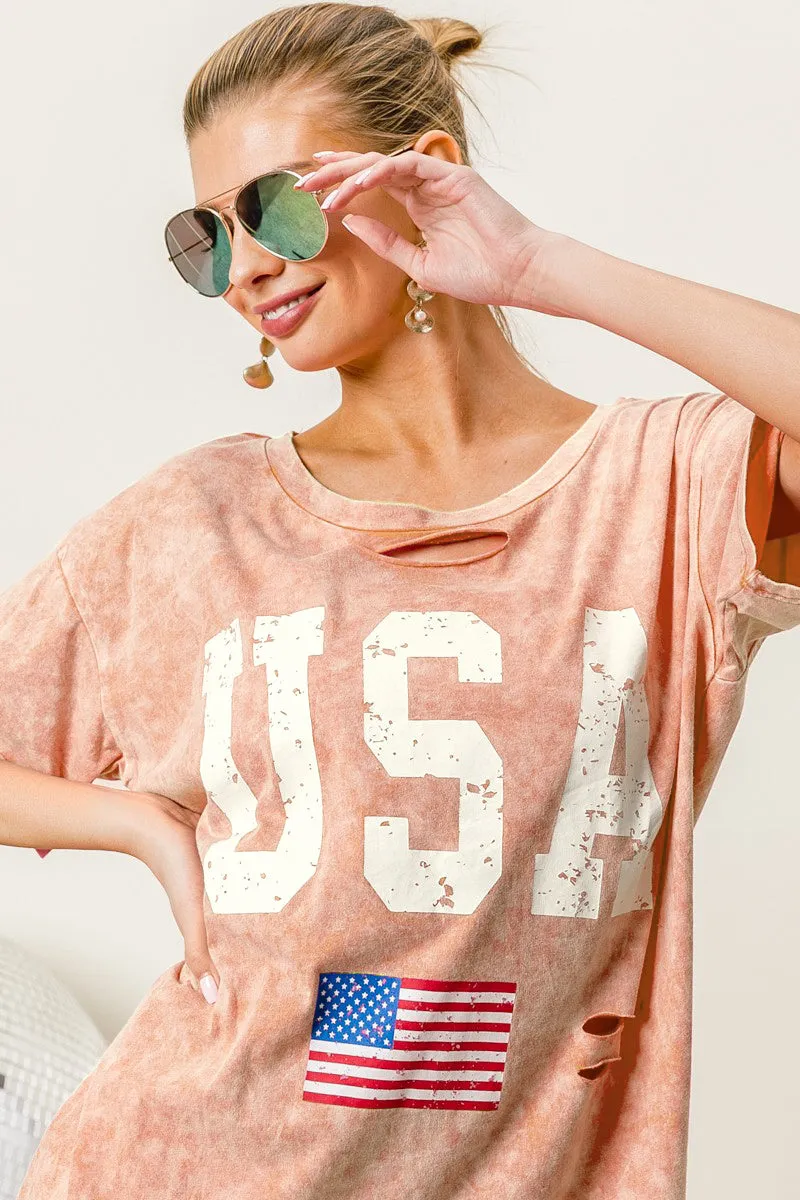 BiBi Washed American Flag Graphic Distressed T-Shirt in Dusty Pink