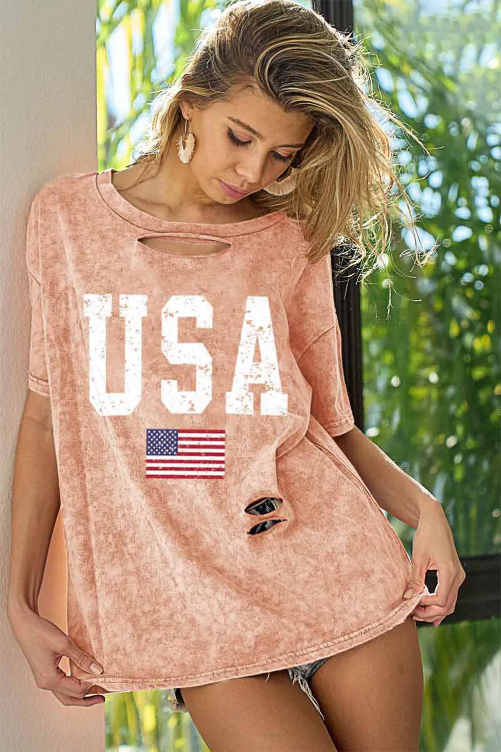 BiBi Washed American Flag Graphic Distressed T-Shirt in Dusty Pink