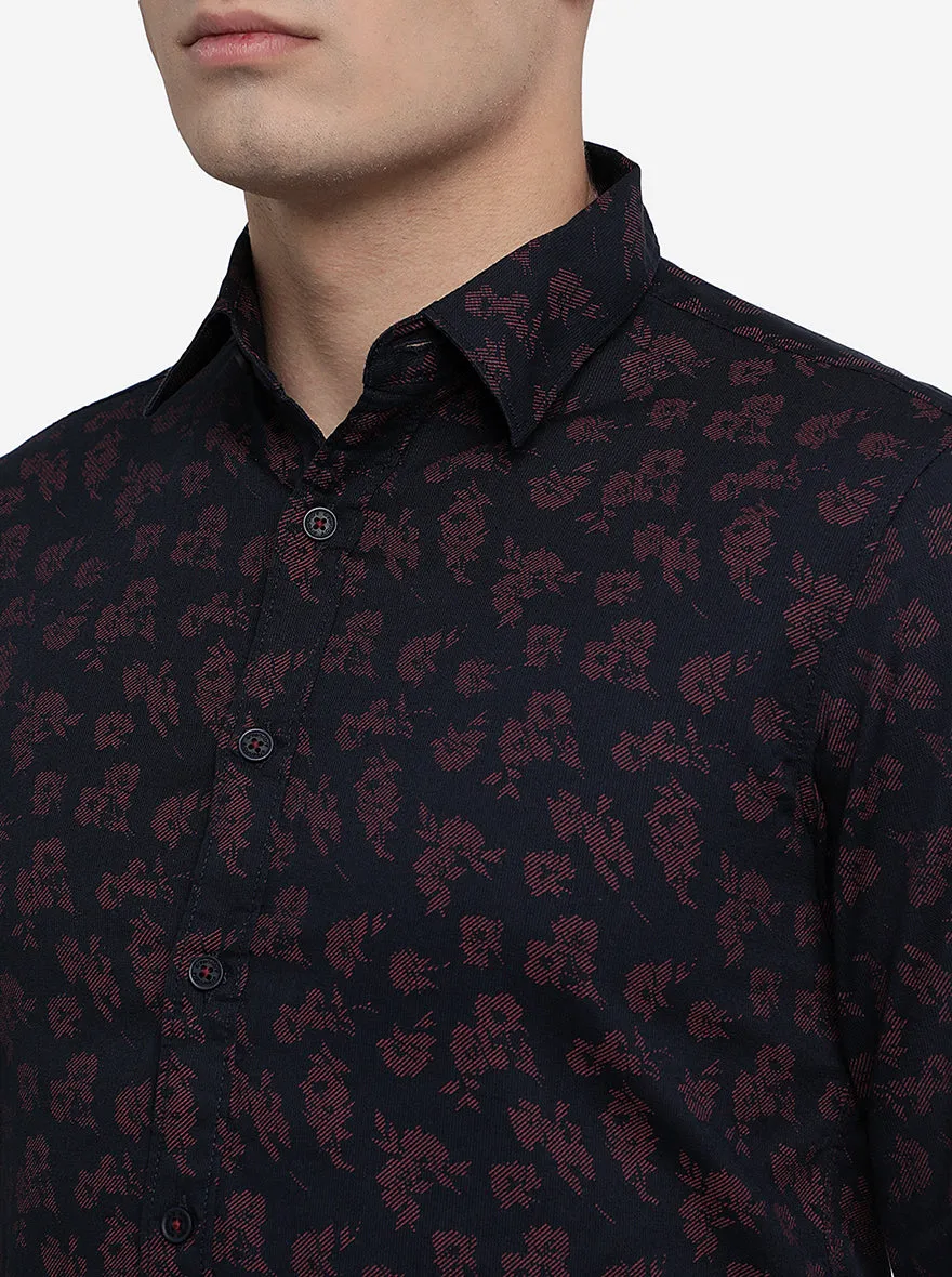 Black & Maroon Printed Slim Fit Semi Casual Shirt | Greenfibre