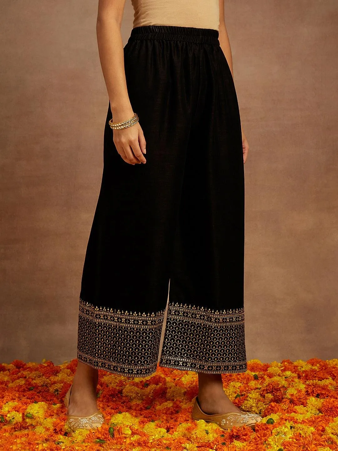 Black Embroidered Silk Blend Straight Suit With Dupatta