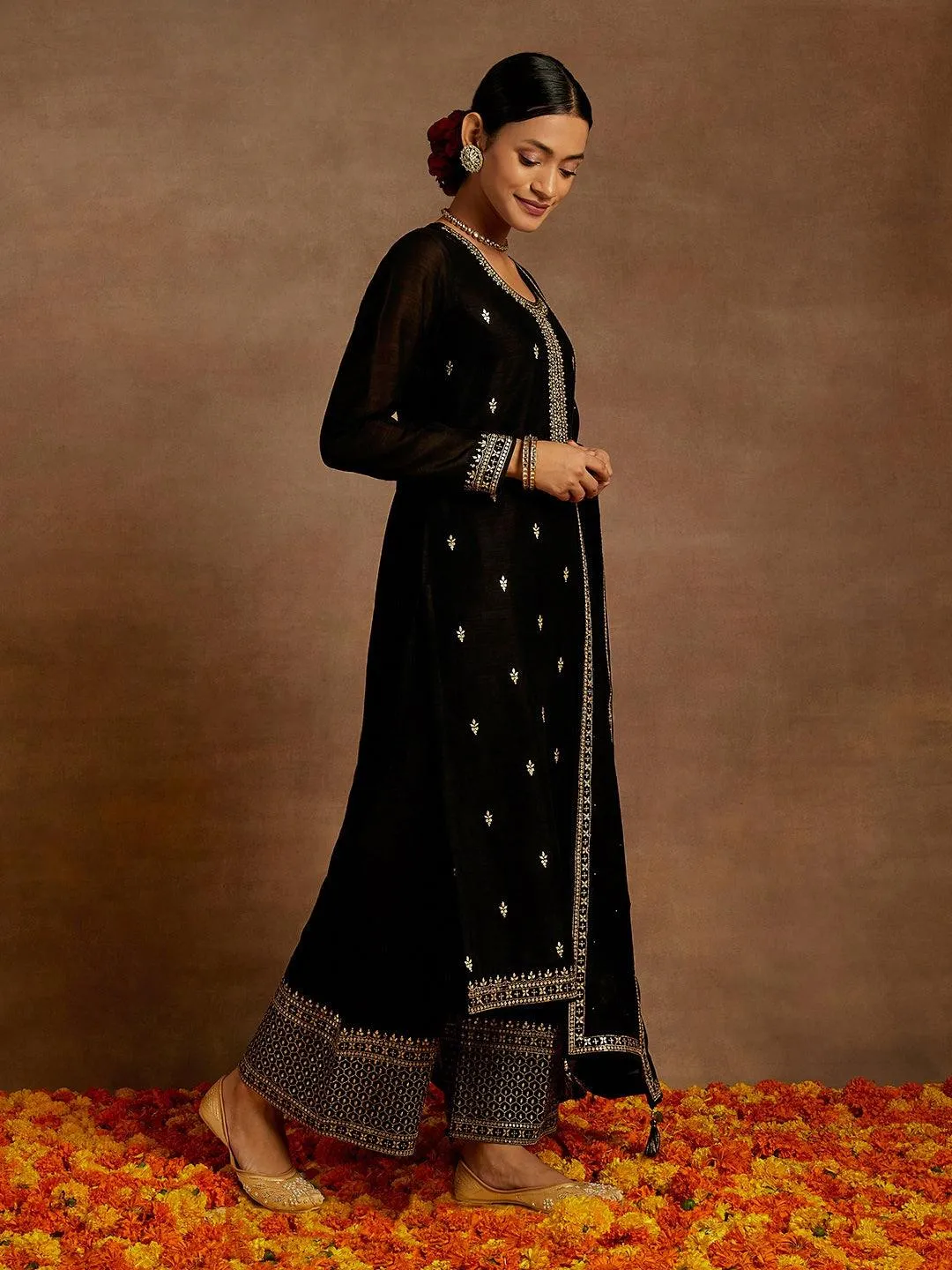 Black Embroidered Silk Blend Straight Suit With Dupatta