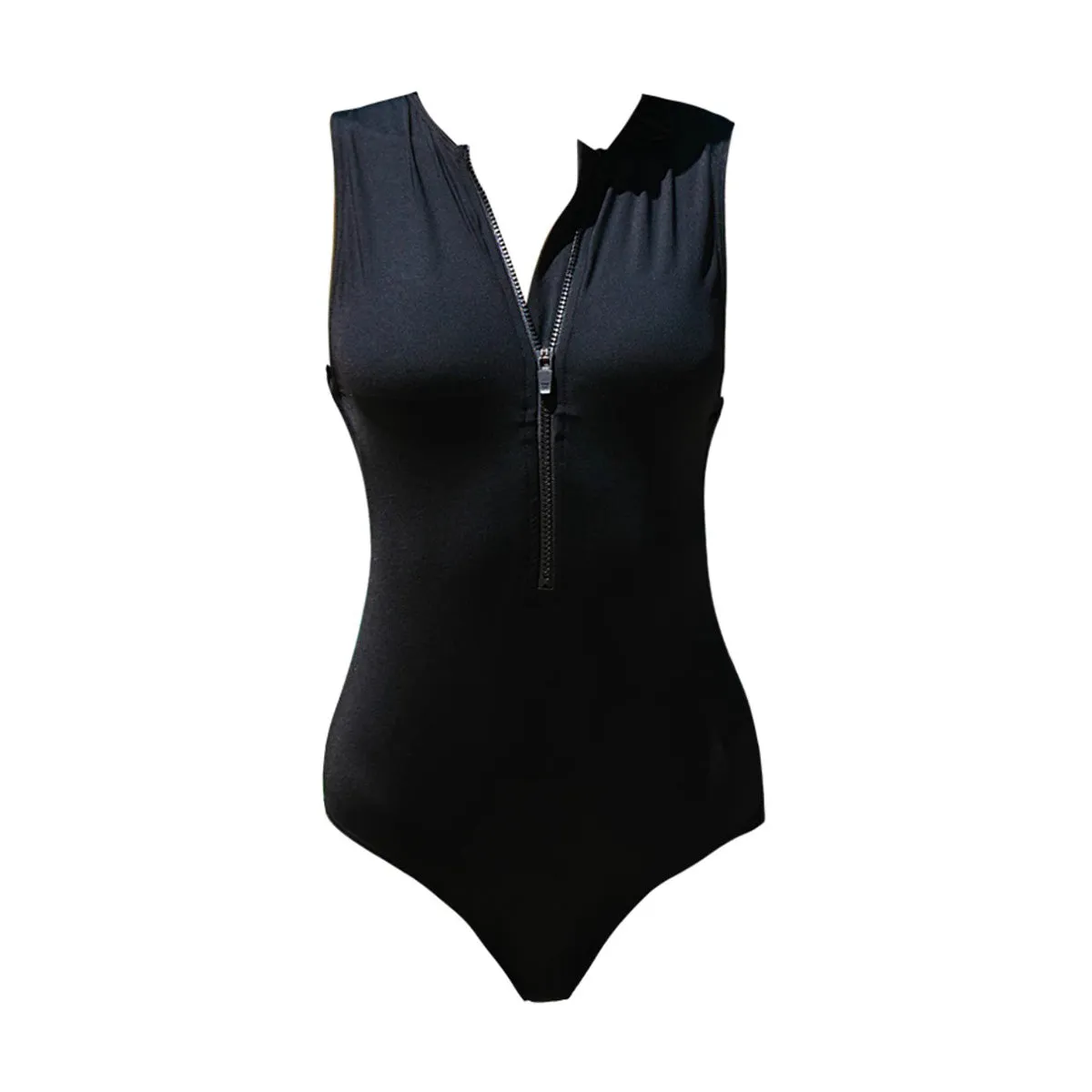 Black One Piece Body Sculpt Zipper Swimsuit