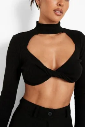 Black Poly Cut Out Twist High Neck