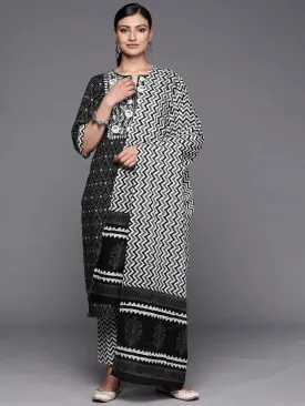 Black Printed Cotton Straight Kurta With Trousers & Dupatta