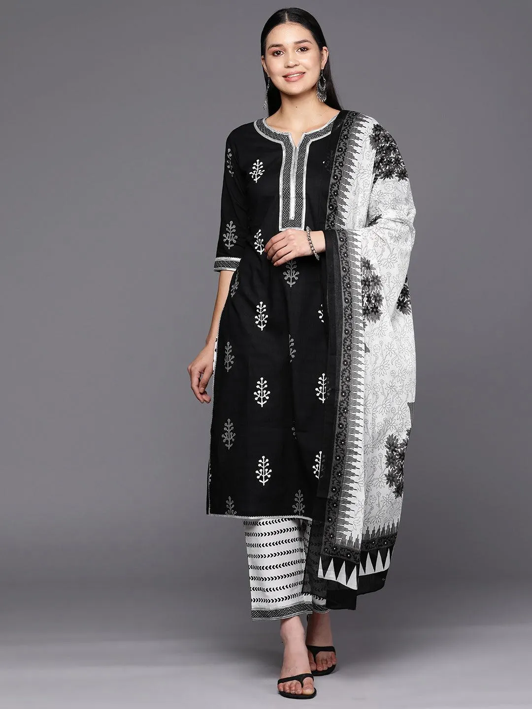 Black Printed Cotton Straight Kurta With Trousers & Dupatta