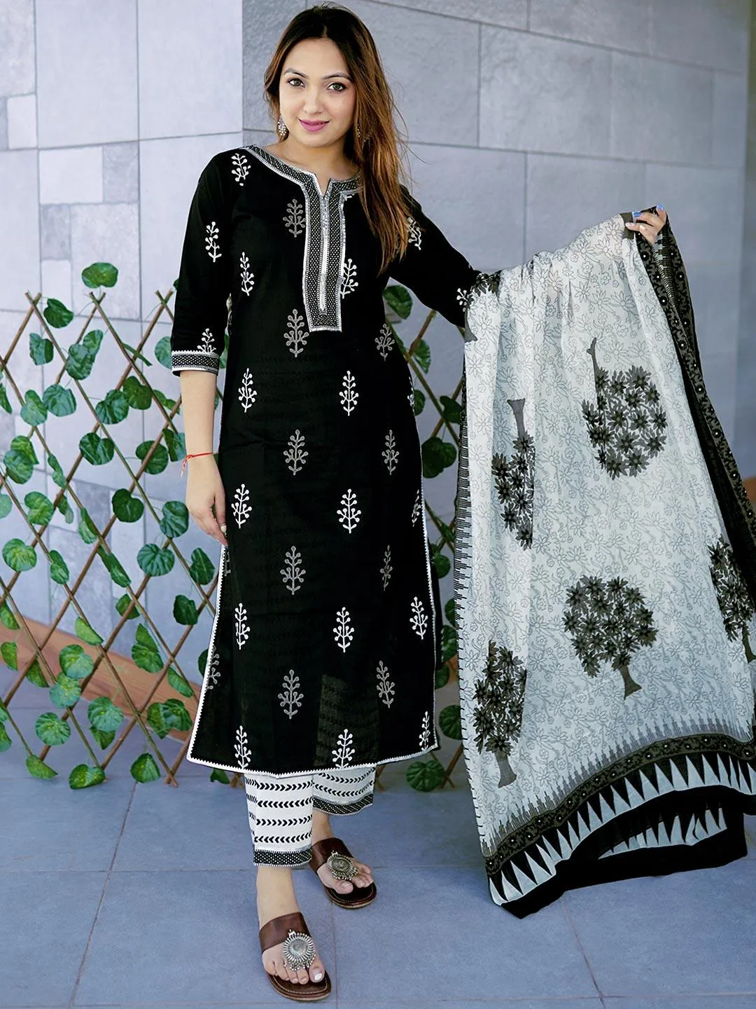 Black Printed Cotton Straight Kurta With Trousers & Dupatta