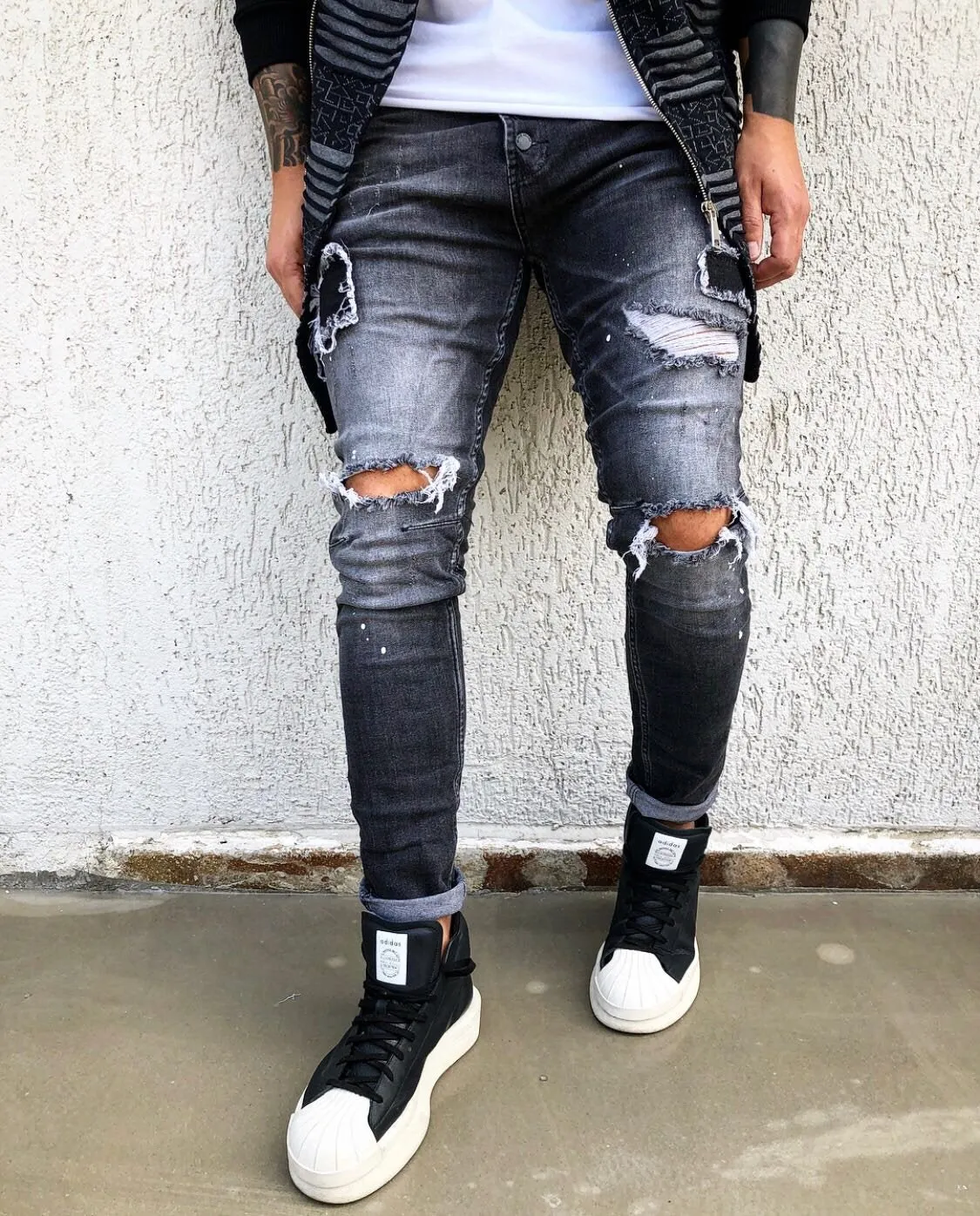 Black Ripped Patched Skinny Fit Denim B274 Streetwear Jeans