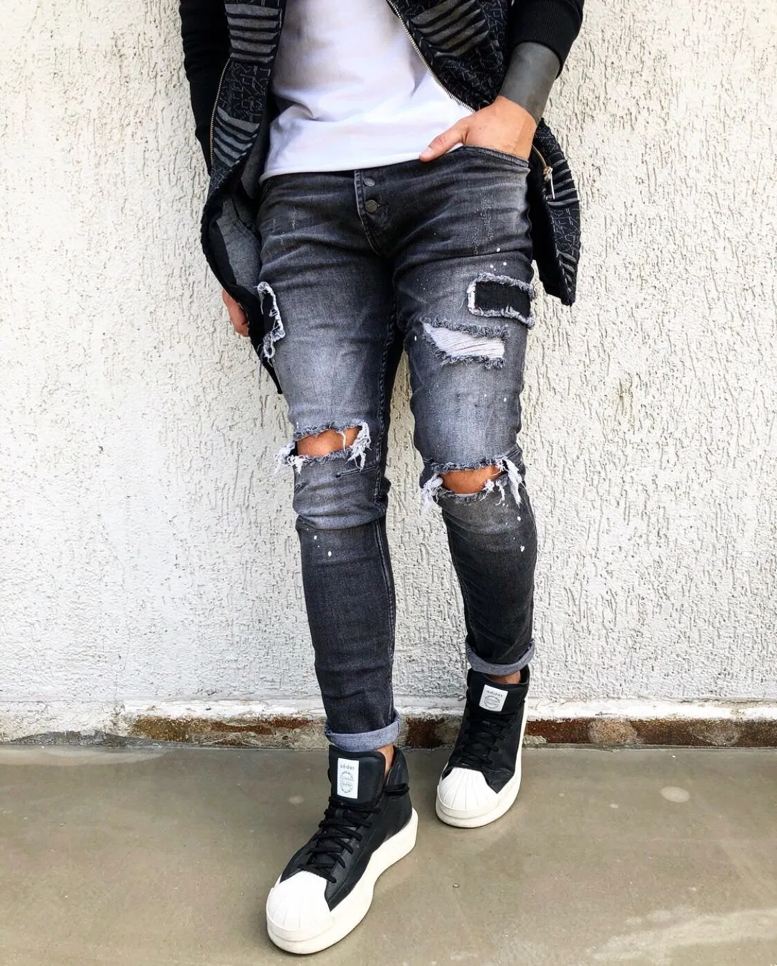 Black Ripped Patched Skinny Fit Denim B274 Streetwear Jeans