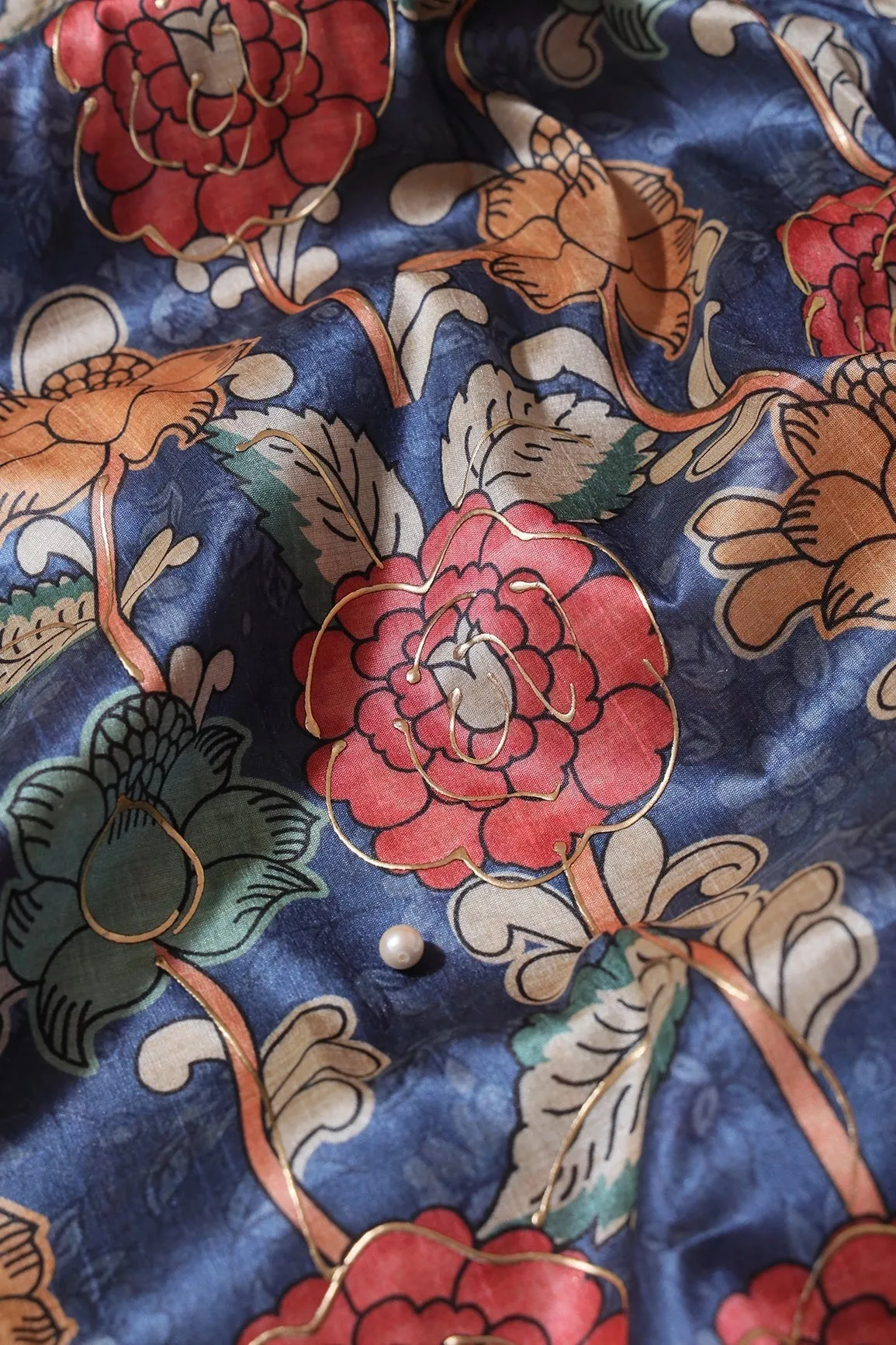 Blue And Red Floral Pattern Digital Foil Print On Mulberry Silk Fabric