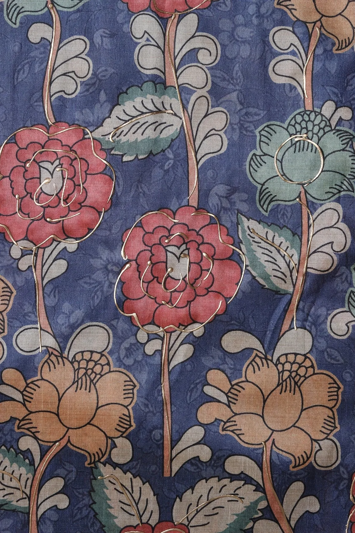 Blue And Red Floral Pattern Digital Foil Print On Mulberry Silk Fabric