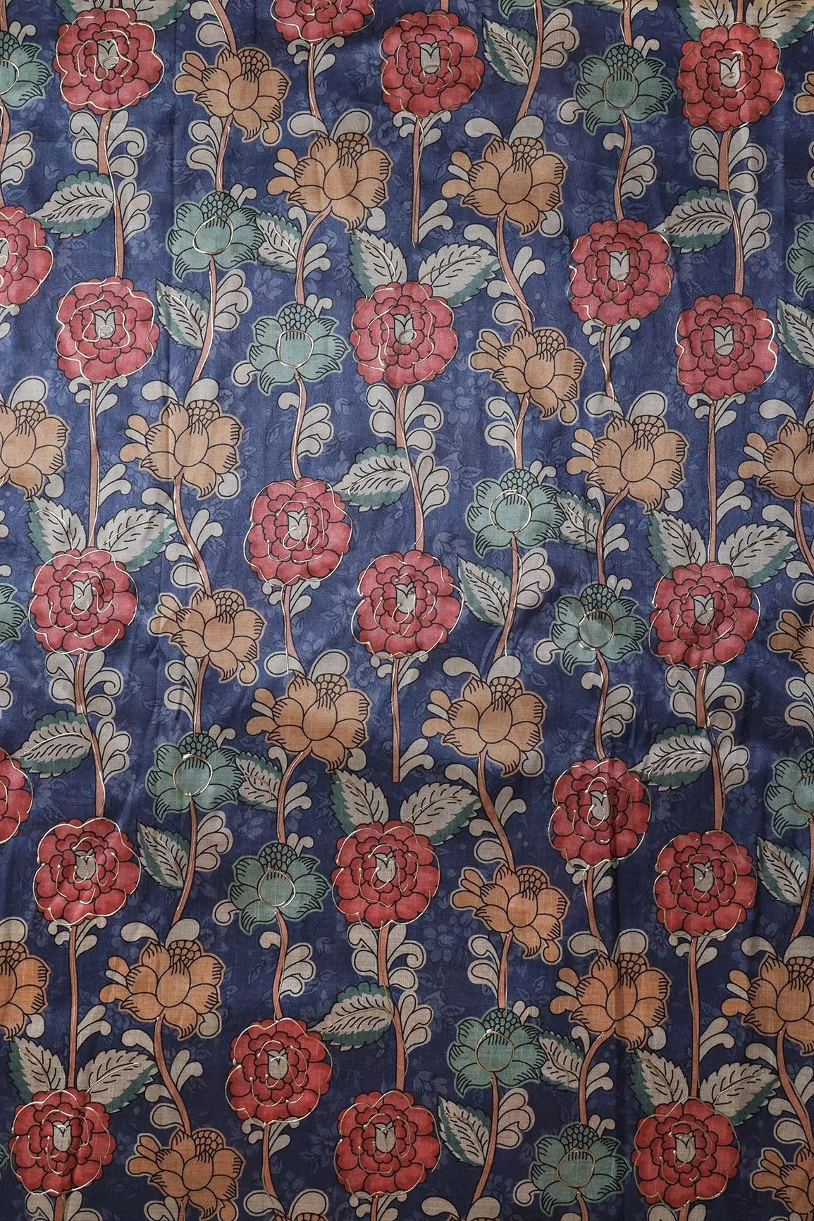 Blue And Red Floral Pattern Digital Foil Print On Mulberry Silk Fabric