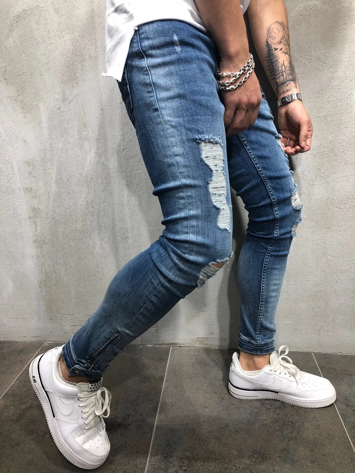 Blue Distressed Ankle Zip Distressed Skinny Fit Denim A151 Streetwear Jeans