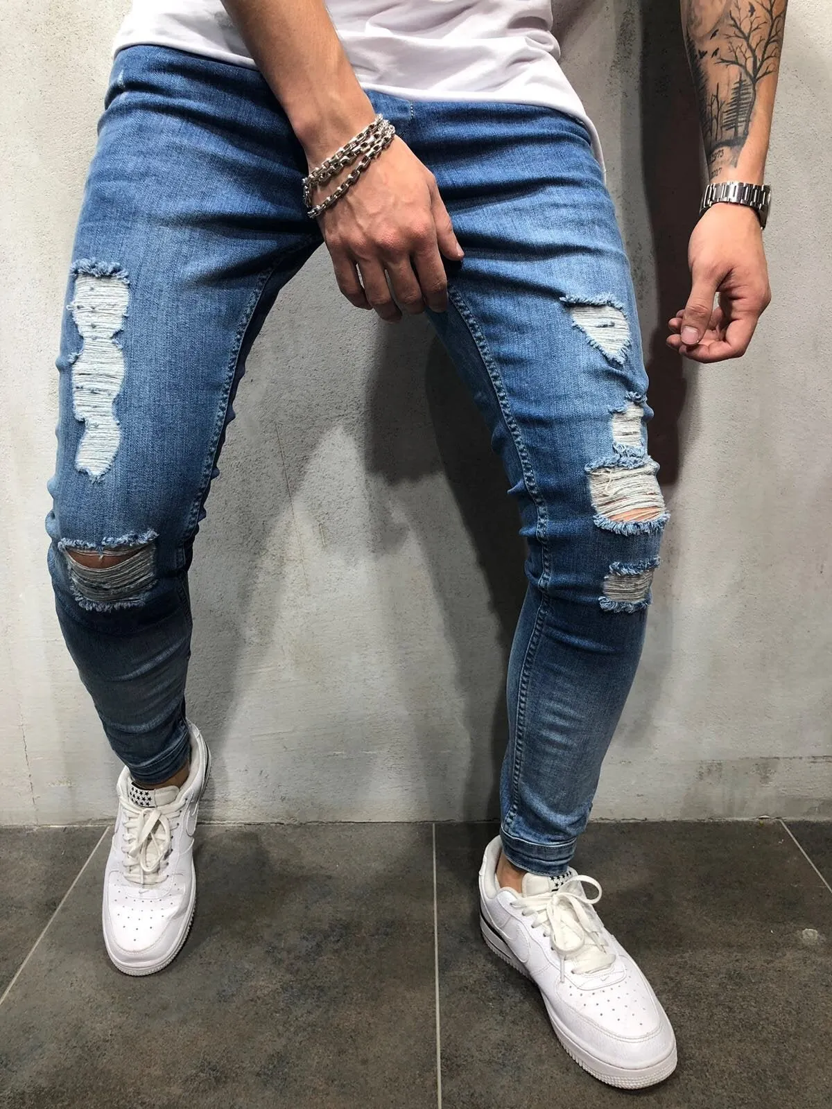 Blue Distressed Ankle Zip Distressed Skinny Fit Denim A151 Streetwear Jeans