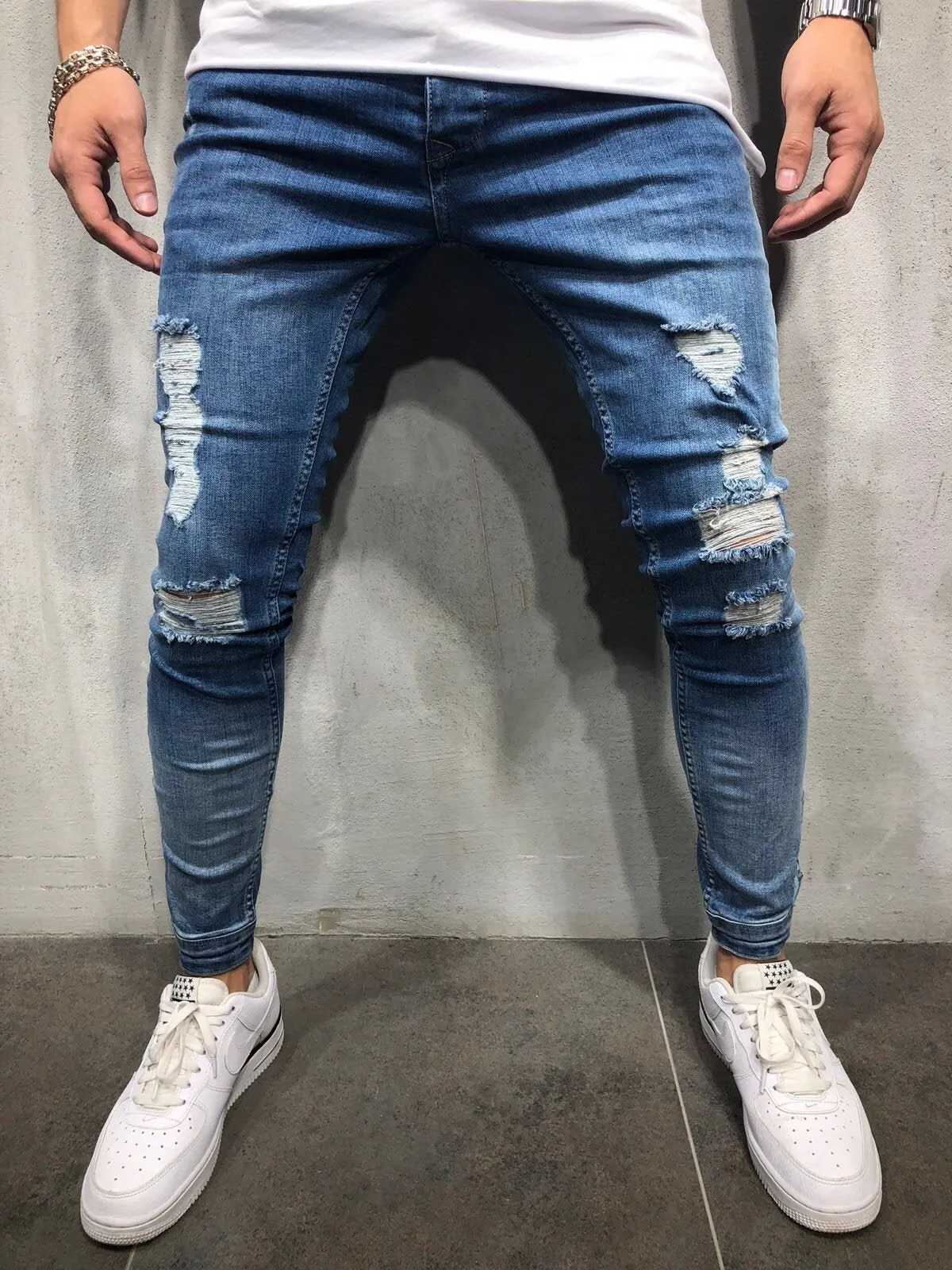 Blue Distressed Ankle Zip Distressed Skinny Fit Denim A151 Streetwear Jeans