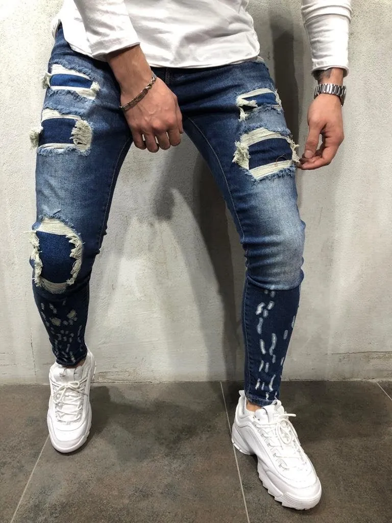 Blue Patched Ripped Skinny Fit Jeans A254 Streetwear Mens Jeans