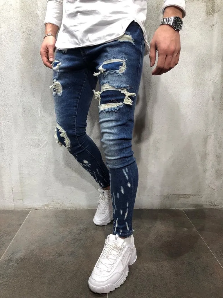 Blue Patched Ripped Skinny Fit Jeans A254 Streetwear Mens Jeans