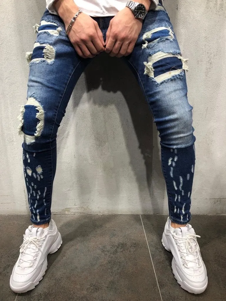 Blue Patched Ripped Skinny Fit Jeans A254 Streetwear Mens Jeans