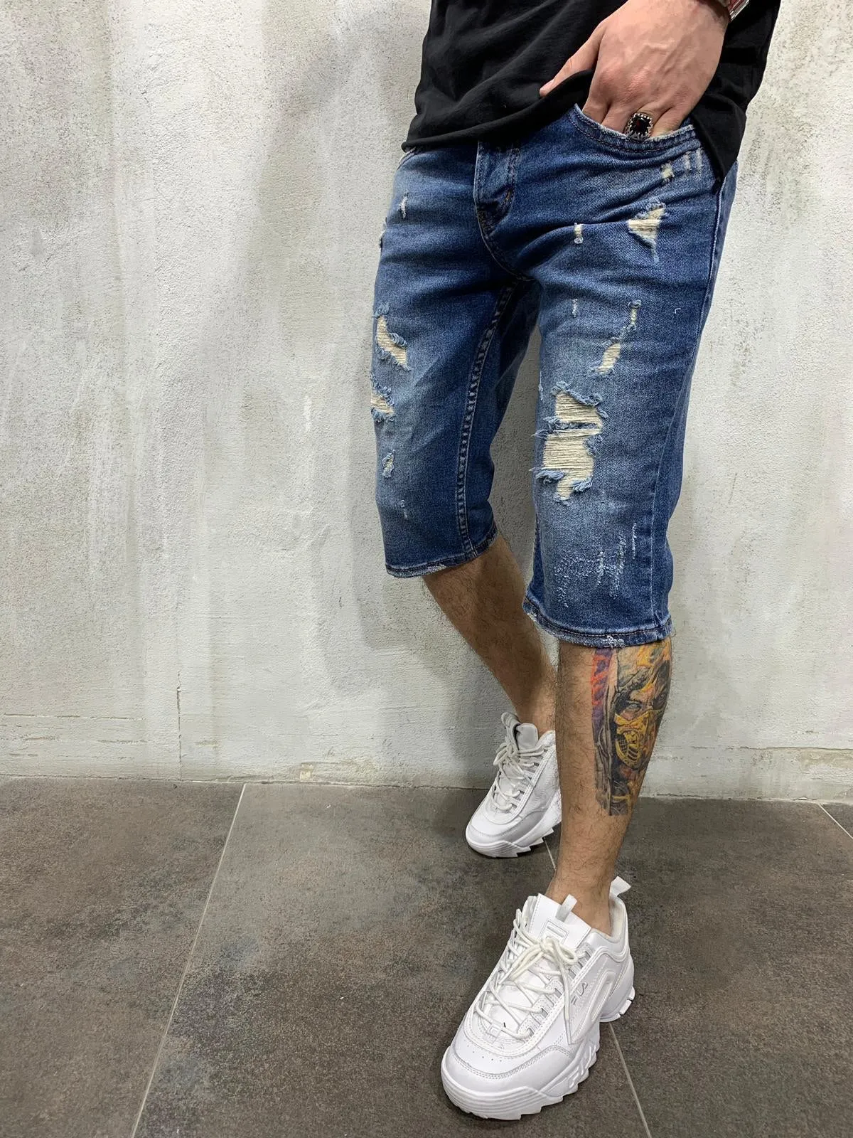 Blue Ripped Long Jeans Short AY442 Streetwear Mens Shorts