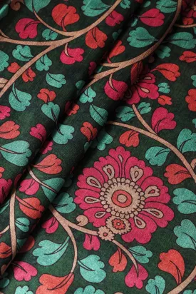 Bottle Green And Dark Pink Floral Pattern Digital Print On Mulberry Silk Fabric